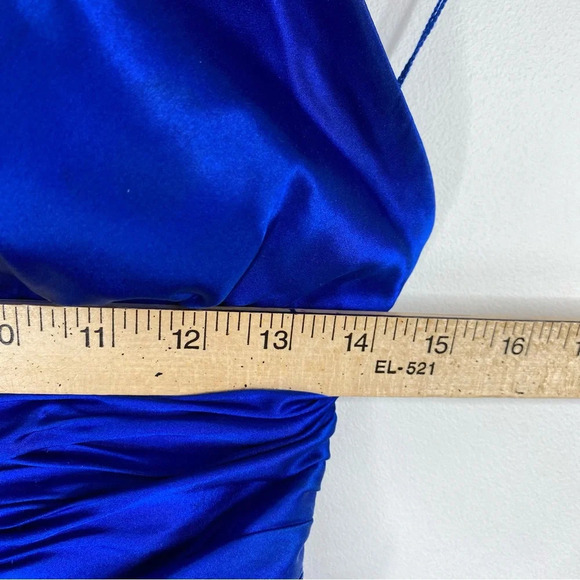 Vintage Cache Silk Dress Halter Scarf Hem Y2K Fairy Retro Ruched Prom Cerulean - Picture 12 of 13